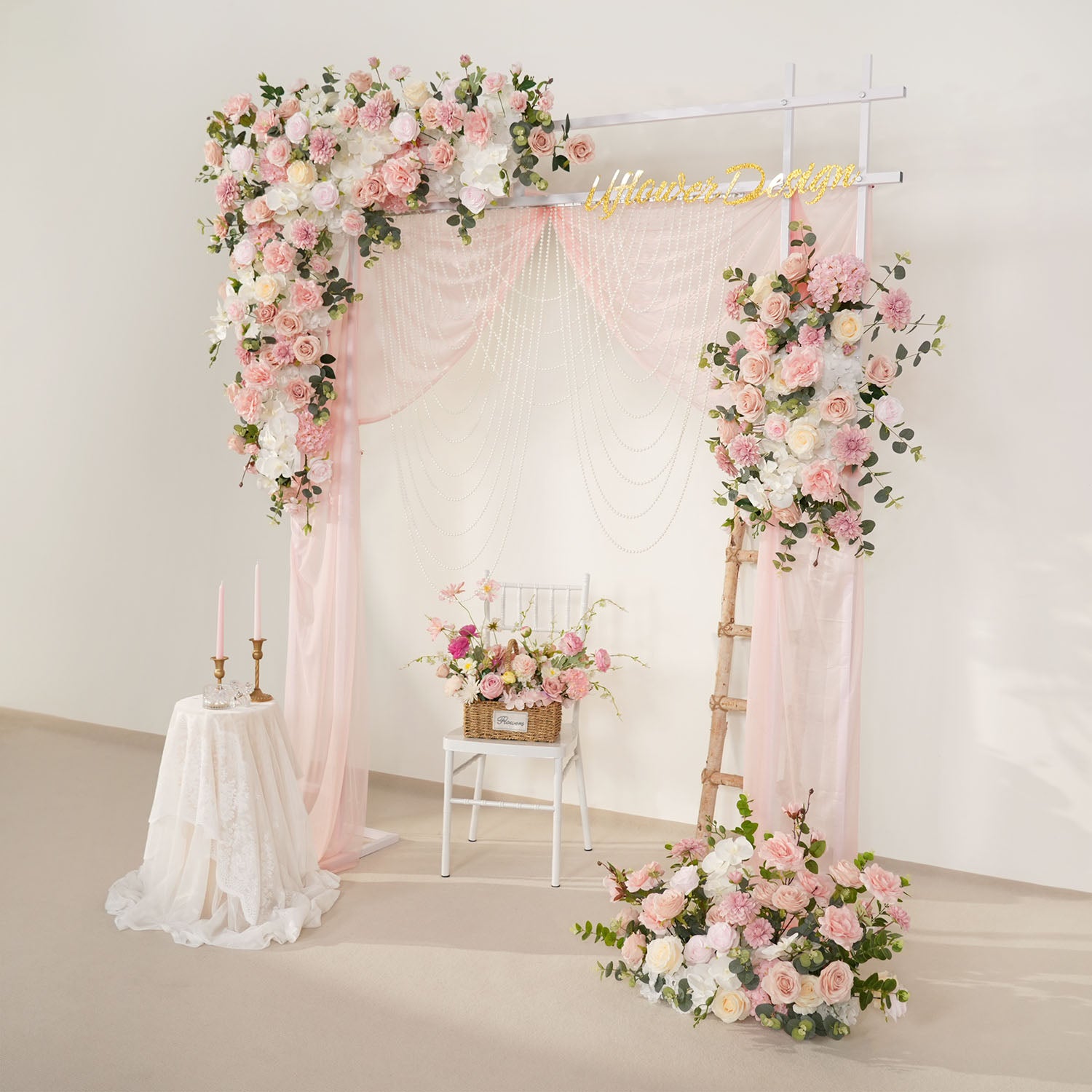 Uflower Wedding Backdrop Pink Rose Green Leaf Floral Arrangement